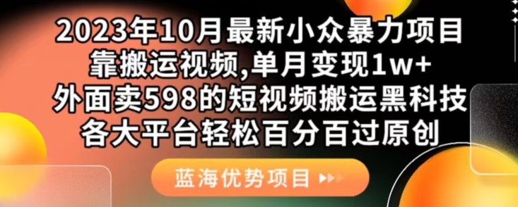 2023年10月最新小众暴力项目，靠搬运视频,单月变现1w+，外面卖598的短视频搬运黑科技，各大平台轻松百分百过原创-七安资源网