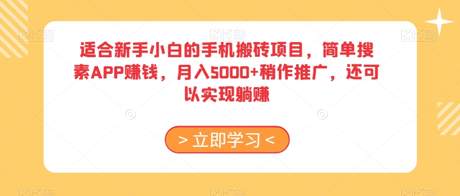 适合新手小白的手机搬砖项目，简单搜素APP赚钱，月入5000+稍作推广，还可以实现躺赚【揭秘】-七安资源网