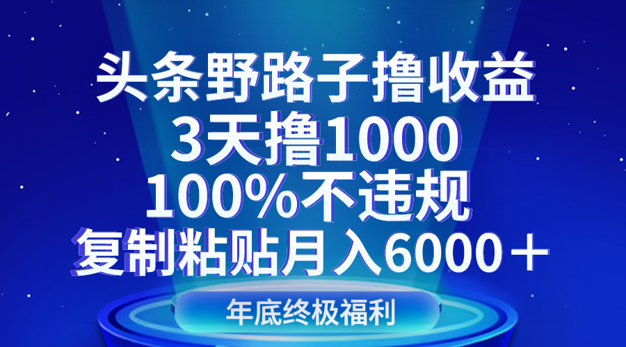 头条野路子撸收益，3天撸1000，100%不违规，复制粘贴月入6000＋-七安资源网