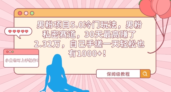 男粉项目5.0冷门玩法，男粉私密赛道，30天最高赚了2.32万，自己手搓一天轻松也有1000+-七安资源网